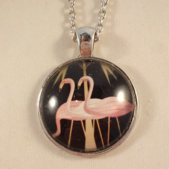 Silver Pink Flamingos Cabochon Pendant Necklace 20" Chain Women's Party Gift - Picture 3 of 4